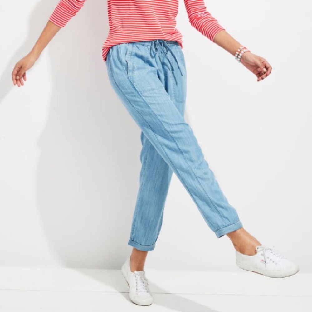 New Thread & Supply Chambray Polka Dot Joggers Tencel Beachy Nautical Pull On S